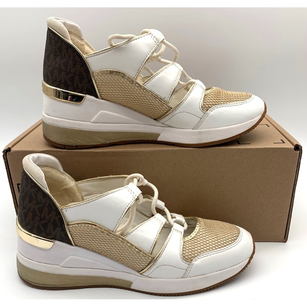 Michael Kors Wedge Sneakers Womens 7.5M White Gold Beckett Leather‎ Lace-Up